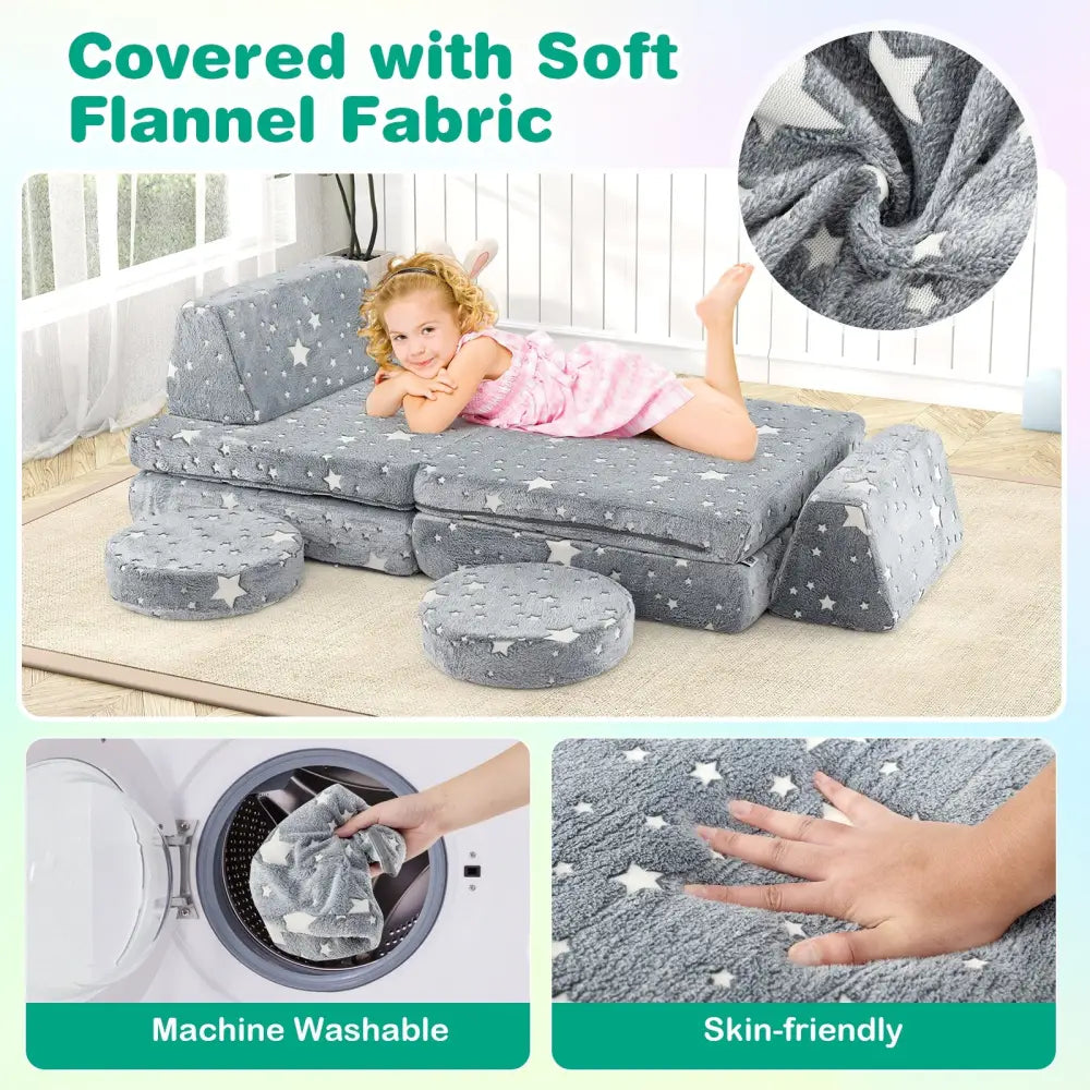 Modular Kids Play Couch Set Glow in the Dark with Portable Handles-Gray - Gray - Kids Chairs & Seating