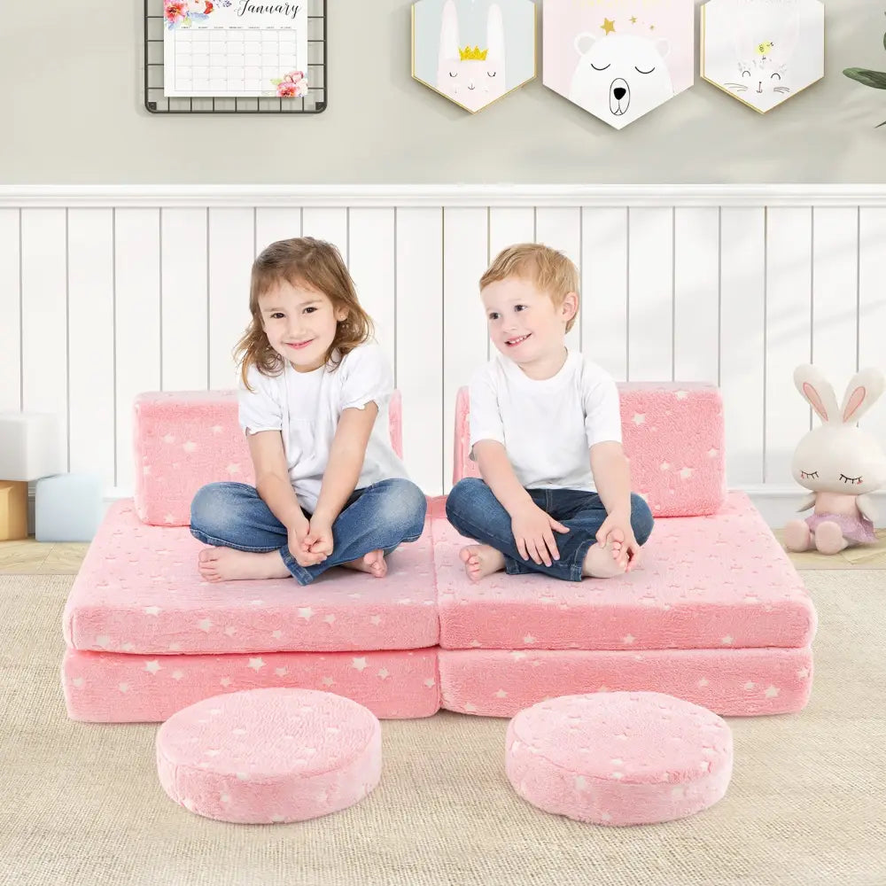 Modular Kids Play Couch Set Glow in the Dark with Portable Handles-Pink - Pink - Kids Chairs & Seating