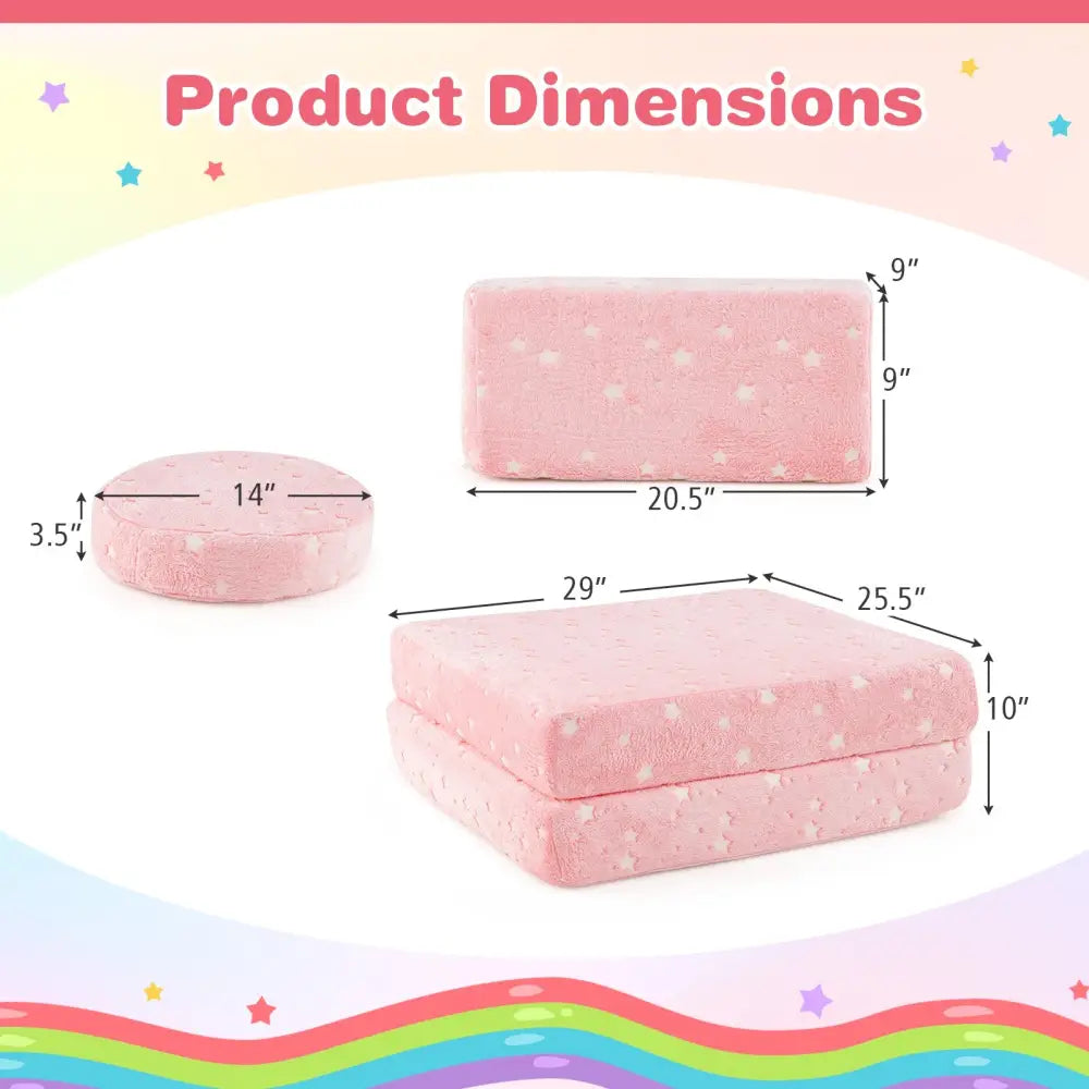 Modular Kids Play Couch Set Glow in the Dark with Portable Handles-Pink - Pink - Kids Chairs & Seating