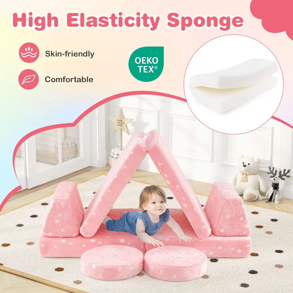 Modular Kids Play Couch Set Glow in the Dark with Portable Handles-Pink - Pink - Kids Chairs & Seating