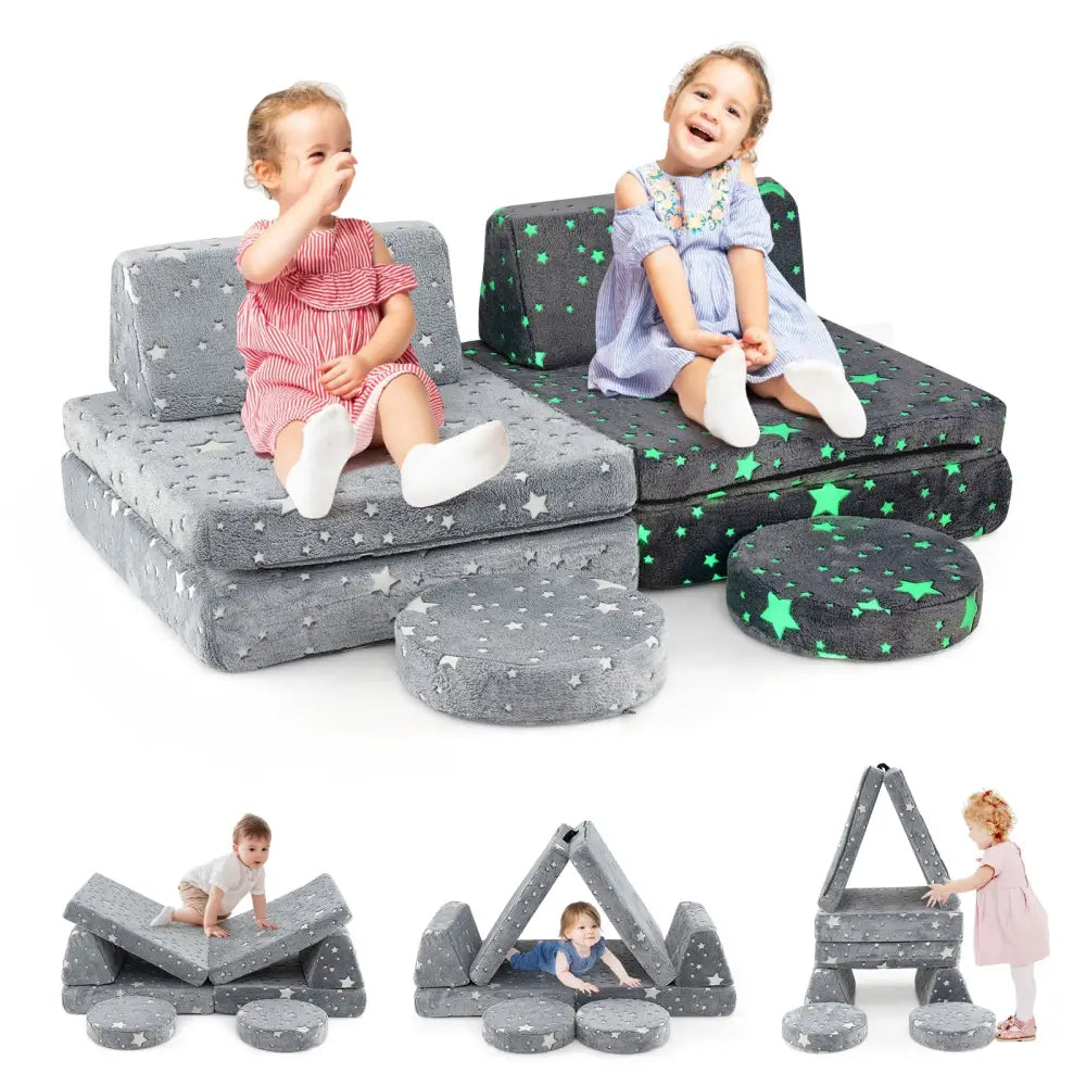 Modular Kids Play Couch Set Glow in the Dark with Portable Handles-Gray - Gray - Kids Chairs & Seating