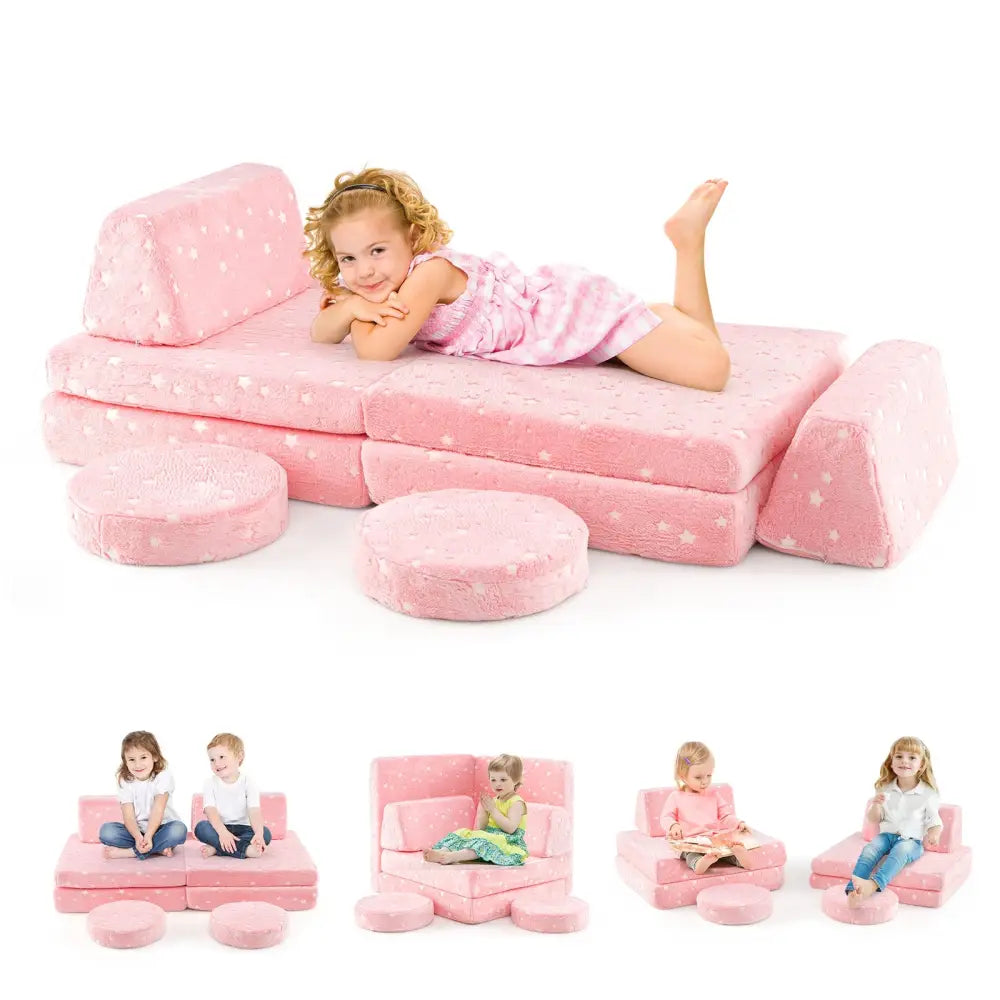 Modular Kids Play Couch Set Glow in the Dark with Portable Handles-Pink - Pink - Kids Chairs & Seating