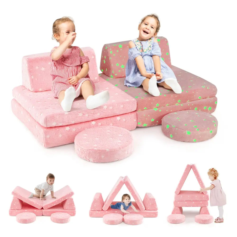 Modular Kids Play Couch Set Glow in the Dark with Portable Handles-Pink - Pink - Kids Chairs & Seating