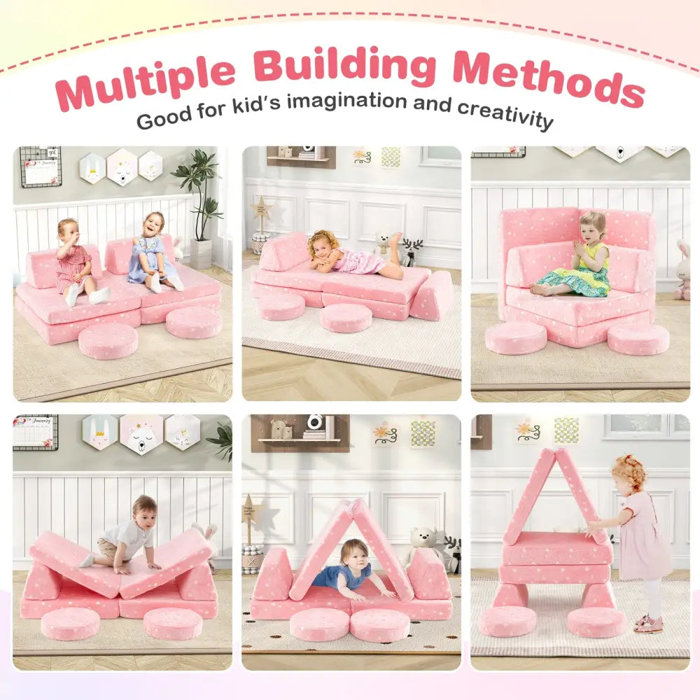 Modular Kids Play Couch Set Glow in the Dark with Portable Handles-Pink - Pink - Kids Chairs & Seating