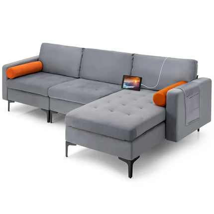 Modular L-shaped 3-Seat Sectional Sofa with Reversible Chaise and 2 USB Ports-Gray - Gray - Sofas & Loveseats