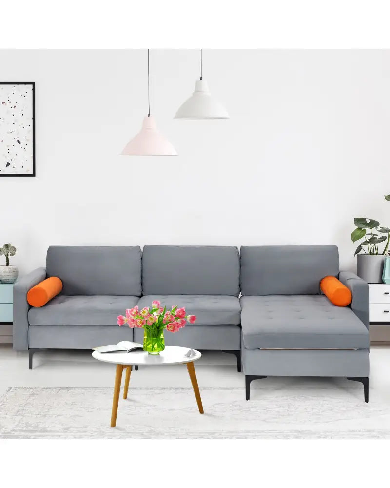 Modular L-shaped 3-Seat Sectional Sofa with Reversible Chaise and 2 USB Ports-Gray - Gray - Sofas & Loveseats