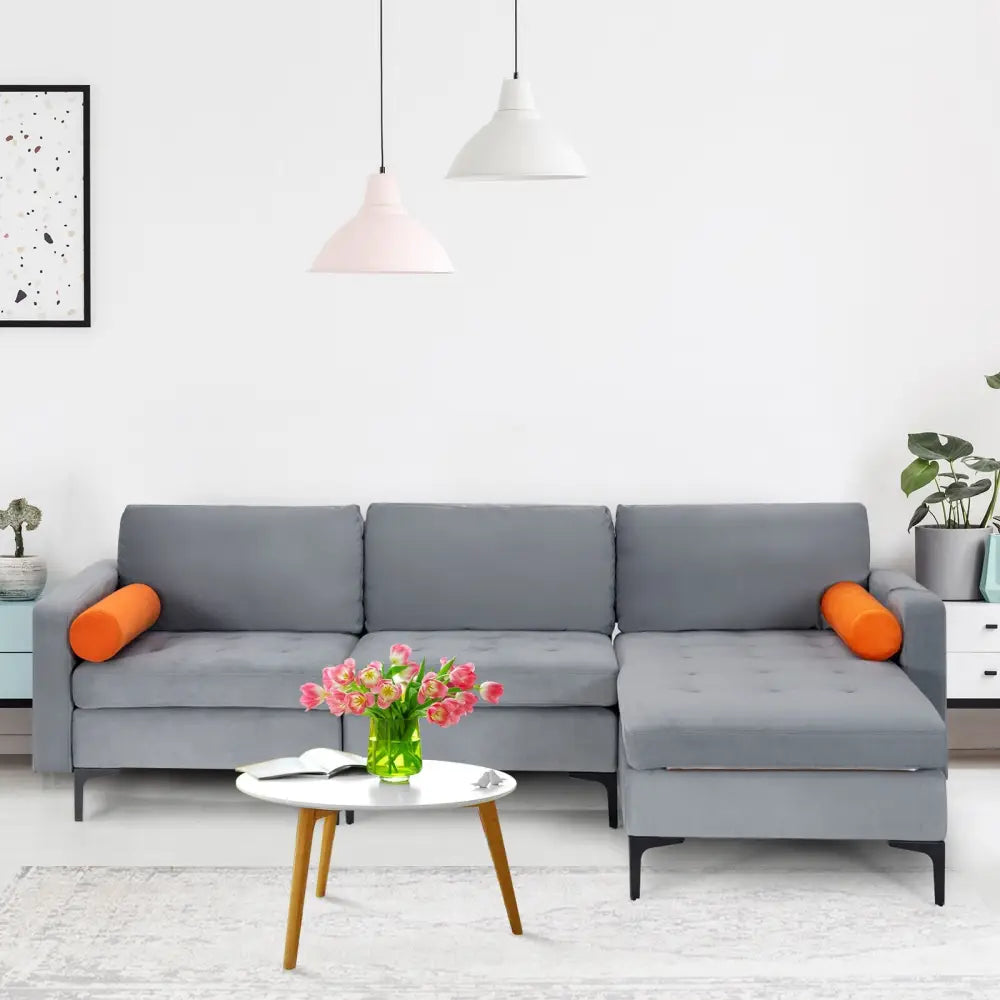 Modular L-shaped 3-Seat Sectional Sofa with Reversible Chaise and 2 USB Ports-Gray - Gray - Sofas & Loveseats