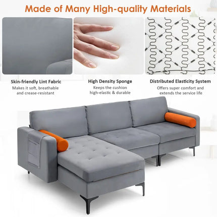 Modular L-shaped 3-Seat Sectional Sofa with Reversible Chaise and 2 USB Ports-Gray - Gray - Sofas & Loveseats