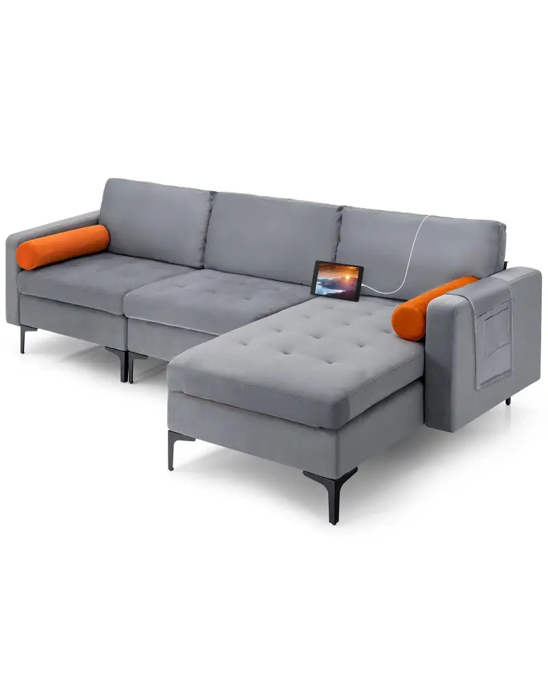 Modular L-shaped 3-Seat Sectional Sofa with Reversible Chaise and 2 USB Ports-Gray - Gray - Sofas & Loveseats
