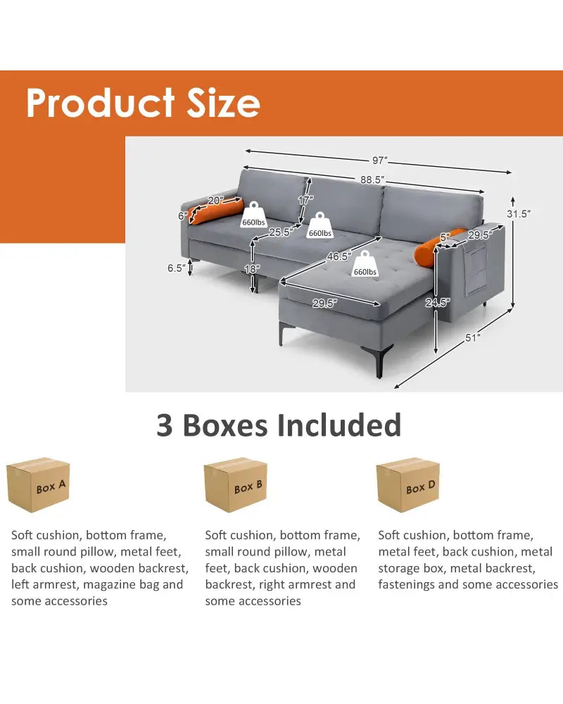 Modular L-shaped 3-Seat Sectional Sofa with Reversible Chaise and 2 USB Ports-Gray - Gray - Sofas & Loveseats