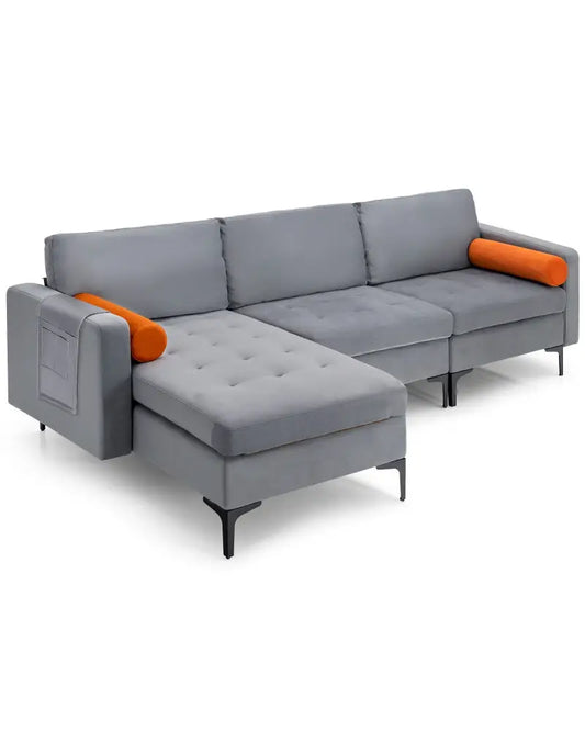 Modular L-shaped 3-Seat Sectional Sofa with Reversible Chaise and 2 USB Ports-Gray - Gray - Sofas & Loveseats