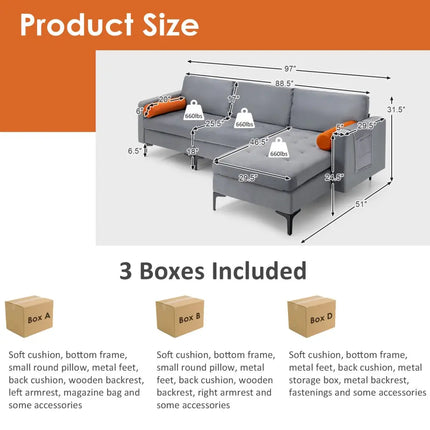 Modular L-shaped 3-Seat Sectional Sofa with Reversible Chaise and 2 USB Ports-Gray - Gray - Sofas & Loveseats