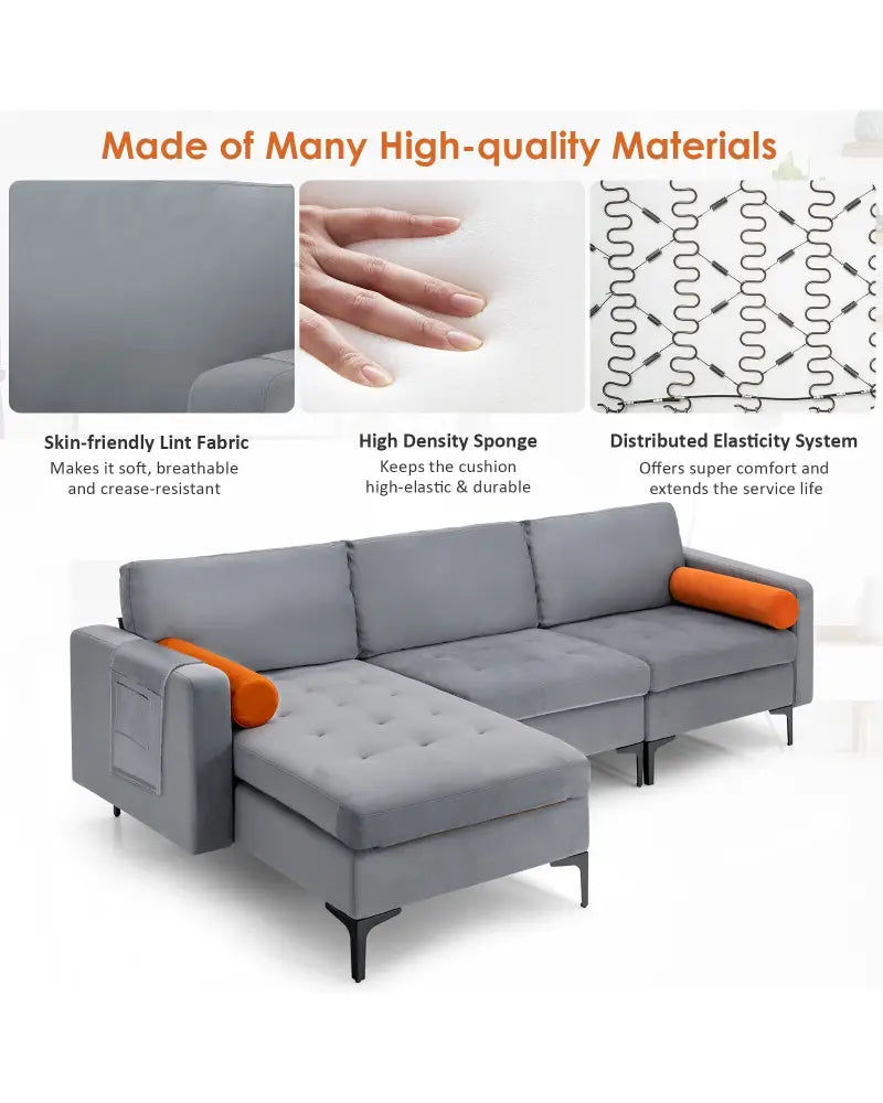 Modular L-shaped 3-Seat Sectional Sofa with Reversible Chaise and 2 USB Ports-Gray - Gray - Sofas & Loveseats