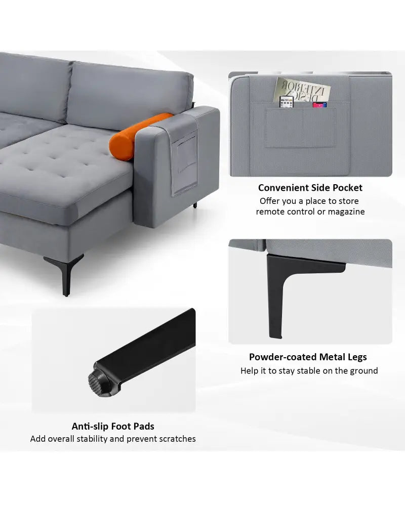Modular L-shaped 3-Seat Sectional Sofa with Reversible Chaise and 2 USB Ports-Gray - Gray - Sofas & Loveseats