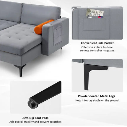 Modular L-shaped 3-Seat Sectional Sofa with Reversible Chaise and 2 USB Ports-Gray - Gray - Sofas & Loveseats