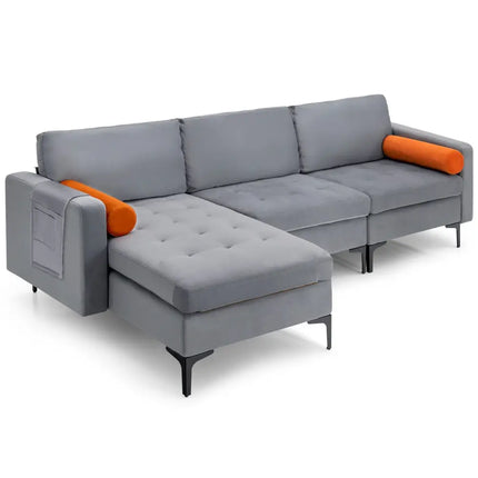 Modular L-shaped 3-Seat Sectional Sofa with Reversible Chaise and 2 USB Ports-Gray - Gray - Sofas & Loveseats