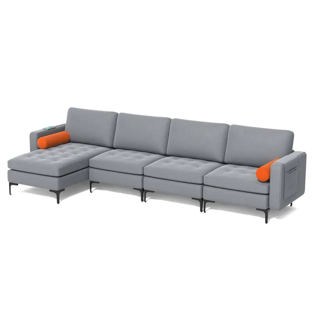 Modular L-shaped 4-Seat Sectional Sofa with Reversible Chaise and 2 USB Ports-Gray - Gray - Sofas & Loveseats