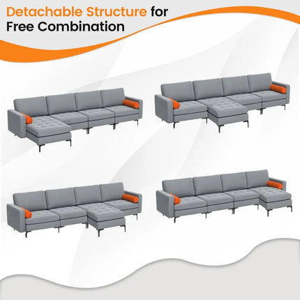 Modular L-shaped 4-Seat Sectional Sofa with Reversible Chaise and 2 USB Ports-Gray - Gray - Sofas & Loveseats