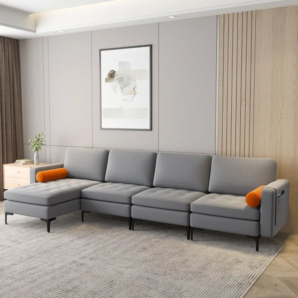 Modular L-shaped 4-Seat Sectional Sofa with Reversible Chaise and 2 USB Ports-Gray - Gray - Sofas & Loveseats