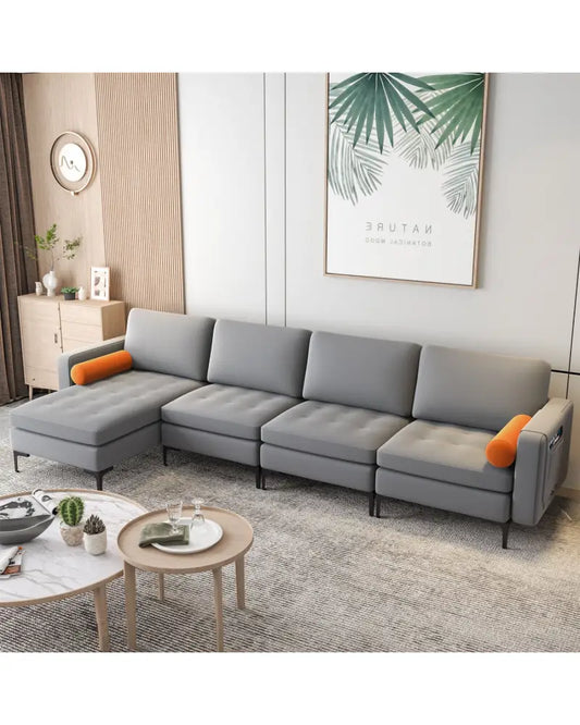 Modular L-shaped 4-Seat Sectional Sofa with Reversible Chaise and 2 USB Ports-Gray - Gray - Sofas & Loveseats