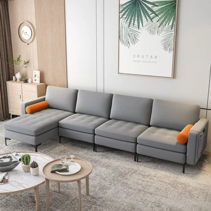 Modular L-shaped 4-Seat Sectional Sofa with Reversible Chaise and 2 USB Ports-Gray - Gray - Sofas & Loveseats