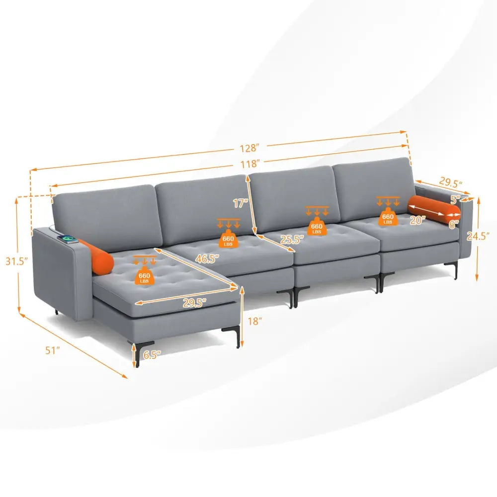 Modular L-shaped 4-Seat Sectional Sofa with Reversible Chaise and 2 USB Ports-Gray - Gray - Sofas & Loveseats