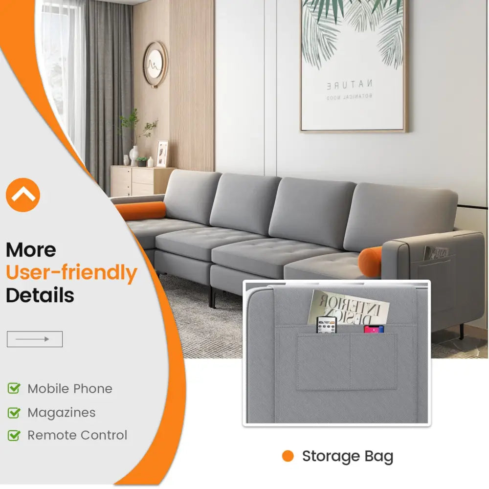 Modular L-shaped 4-Seat Sectional Sofa with Reversible Chaise and 2 USB Ports-Gray - Gray - Sofas & Loveseats