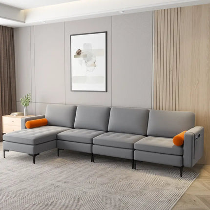Modular L-shaped 4-Seat Sectional Sofa with Reversible Chaise and 2 USB Ports-Gray - Gray - Sofas & Loveseats
