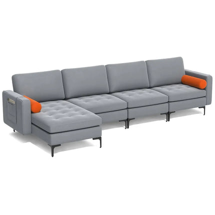 Modular L-shaped 4-Seat Sectional Sofa with Reversible Chaise and 2 USB Ports-Gray - Gray - Sofas & Loveseats