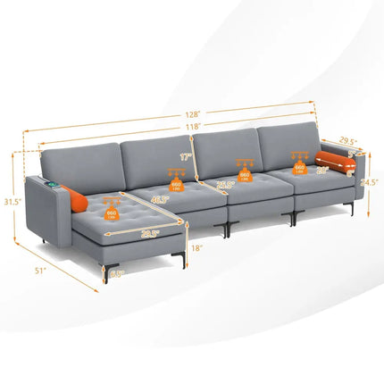 Modular L-shaped 4-Seat Sectional Sofa with Reversible Chaise and 2 USB Ports-Gray - Gray - Sofas & Loveseats