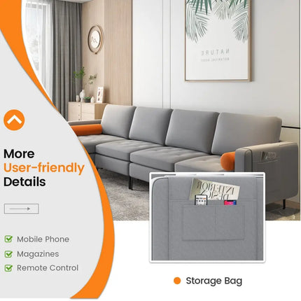 Modular L-shaped 4-Seat Sectional Sofa with Reversible Chaise and 2 USB Ports-Gray - Gray - Sofas & Loveseats
