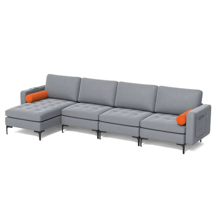 Modular L-shaped 4-Seat Sectional Sofa with Reversible Chaise and 2 USB Ports-Gray - Gray - Sofas & Loveseats