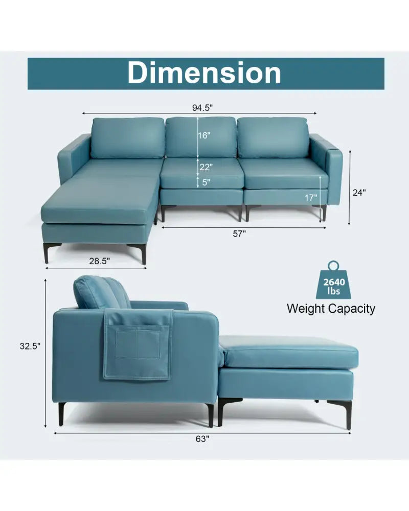 Modular L-shaped Sectional Sofa with Reversible Chaise and 2 USB Ports-Blue - Blue - Sofas & Loveseats