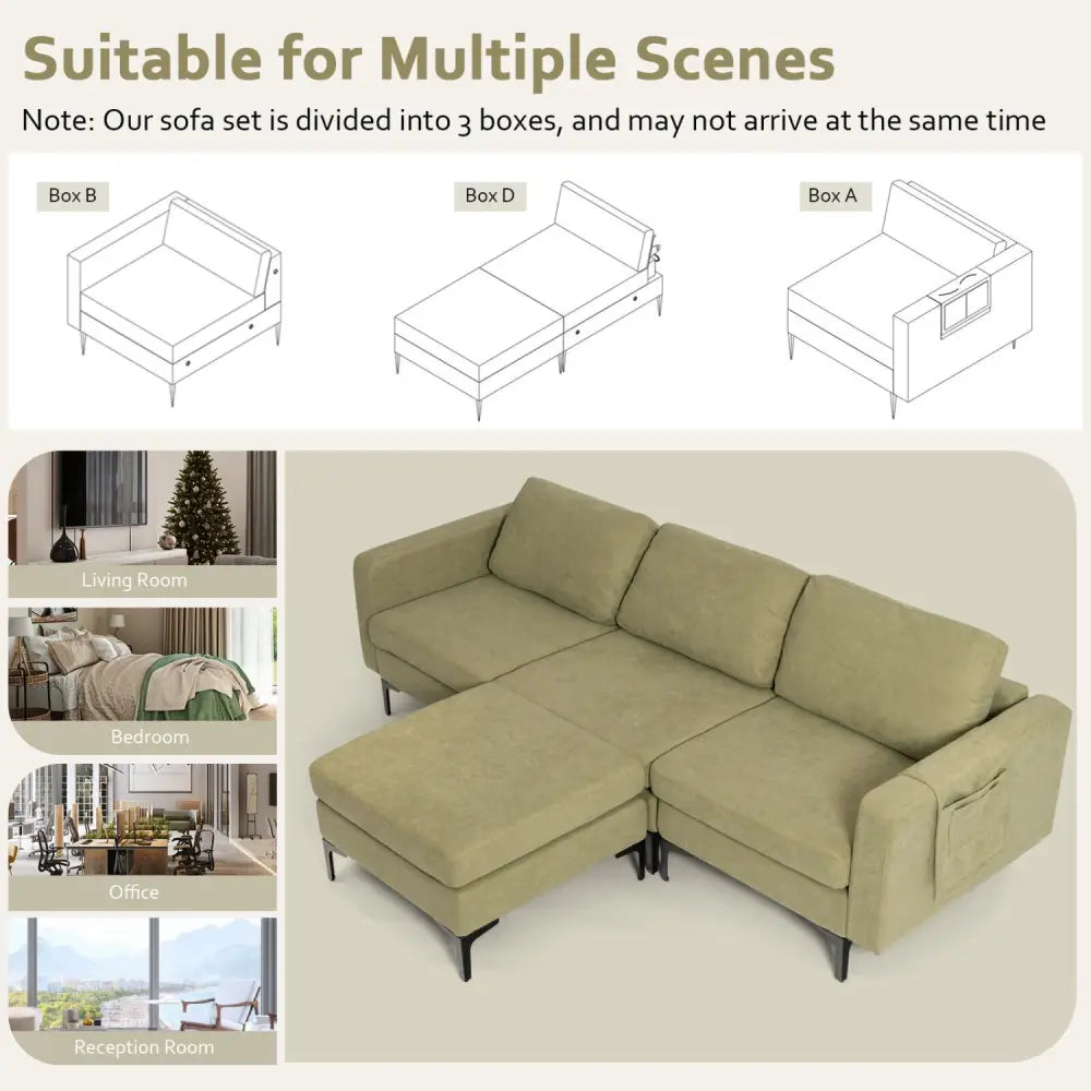 Modular L-shaped Sectional Sofa with Reversible Chaise and 2 USB Ports-Green - Green - Sofas & Loveseats