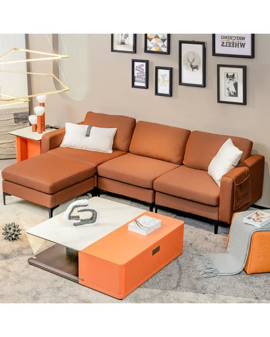 Modular L-shaped Sectional Sofa with Reversible Chaise and 2 USB Ports-Orange - Orange - Sofas & Loveseats