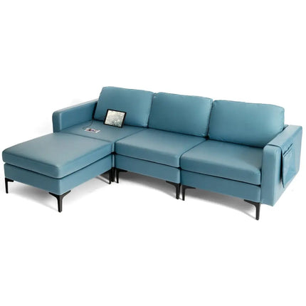 Modular L-shaped Sectional Sofa with Reversible Chaise and 2 USB Ports-Blue - Blue - Sofas & Loveseats