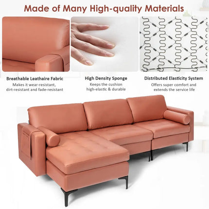 Modular L-shaped Sectional Sofa with Reversible Chaise and 2 USB Ports-Pink - Pink - Sofas & Loveseats