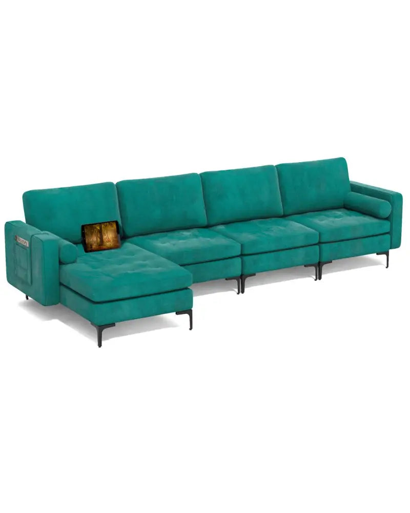 Modular L-shaped Sectional Sofa with Reversible Chaise and 2 USB Ports-Teal - Teal - Sofas & Loveseats