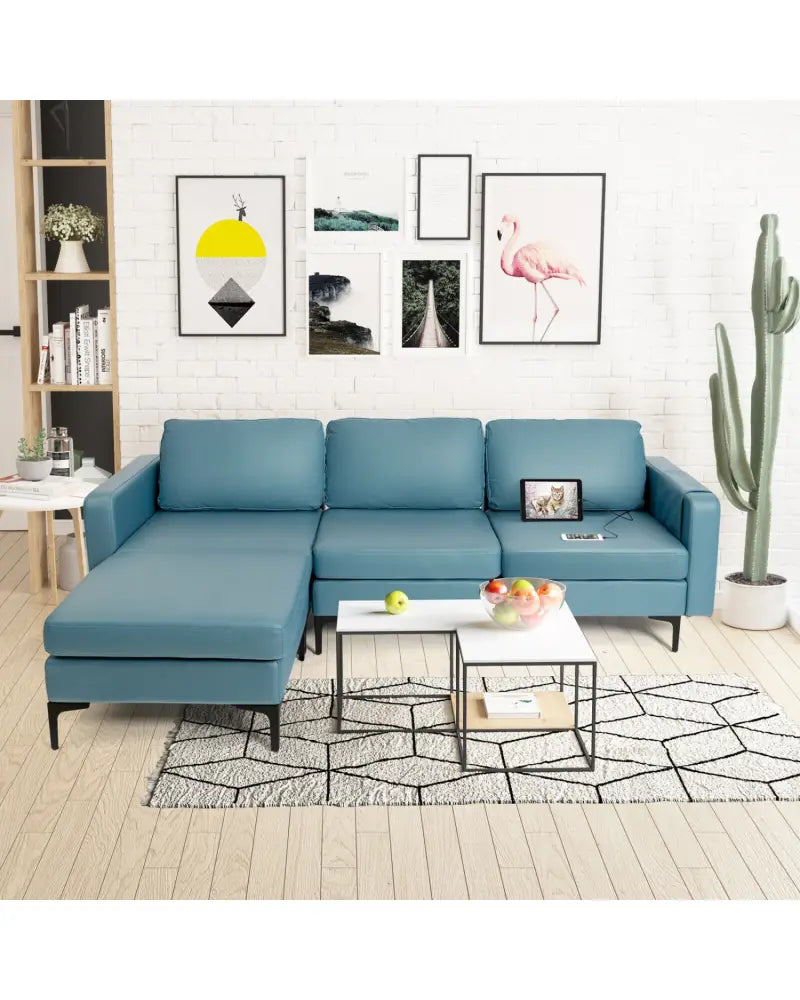 Modular L-shaped Sectional Sofa with Reversible Chaise and 2 USB Ports-Blue - Blue - Sofas & Loveseats