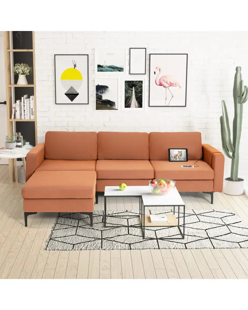 Modular L-shaped Sectional Sofa with Reversible Chaise and 2 USB Ports-Orange - Orange - Sofas & Loveseats