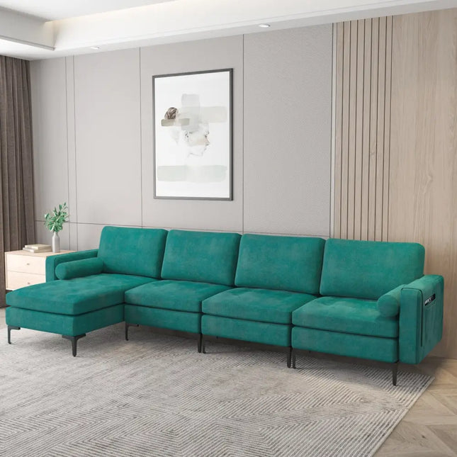 Modular L-shaped Sectional Sofa with Reversible Chaise and 2 USB Ports-Teal - Teal - Sofas & Loveseats