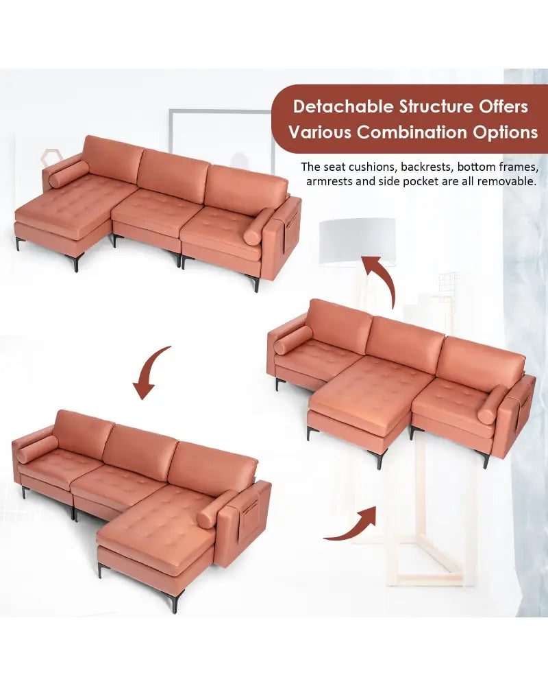 Modular L-shaped Sectional Sofa with Reversible Chaise and 2 USB Ports-Pink - Pink - Sofas & Loveseats