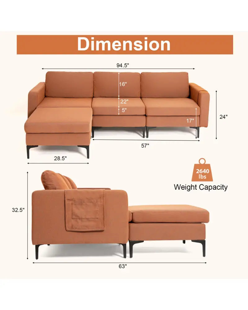 Modular L-shaped Sectional Sofa with Reversible Chaise and 2 USB Ports-Orange - Orange - Sofas & Loveseats