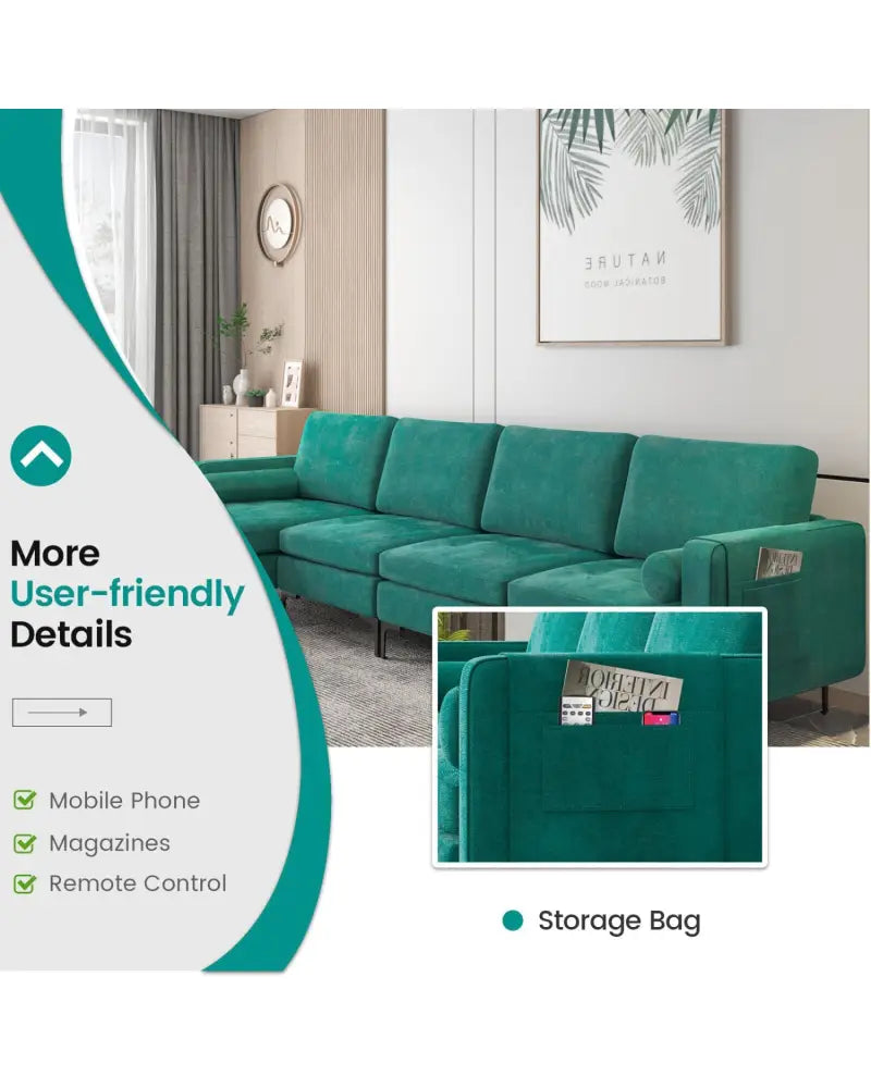 Modular L-shaped Sectional Sofa with Reversible Chaise and 2 USB Ports-Teal - Teal - Sofas & Loveseats