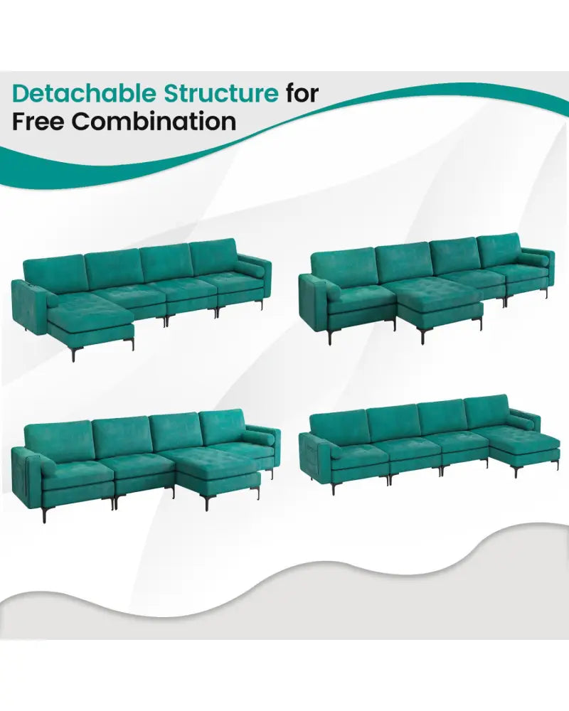 Modular L-shaped Sectional Sofa with Reversible Chaise and 2 USB Ports-Teal - Teal - Sofas & Loveseats