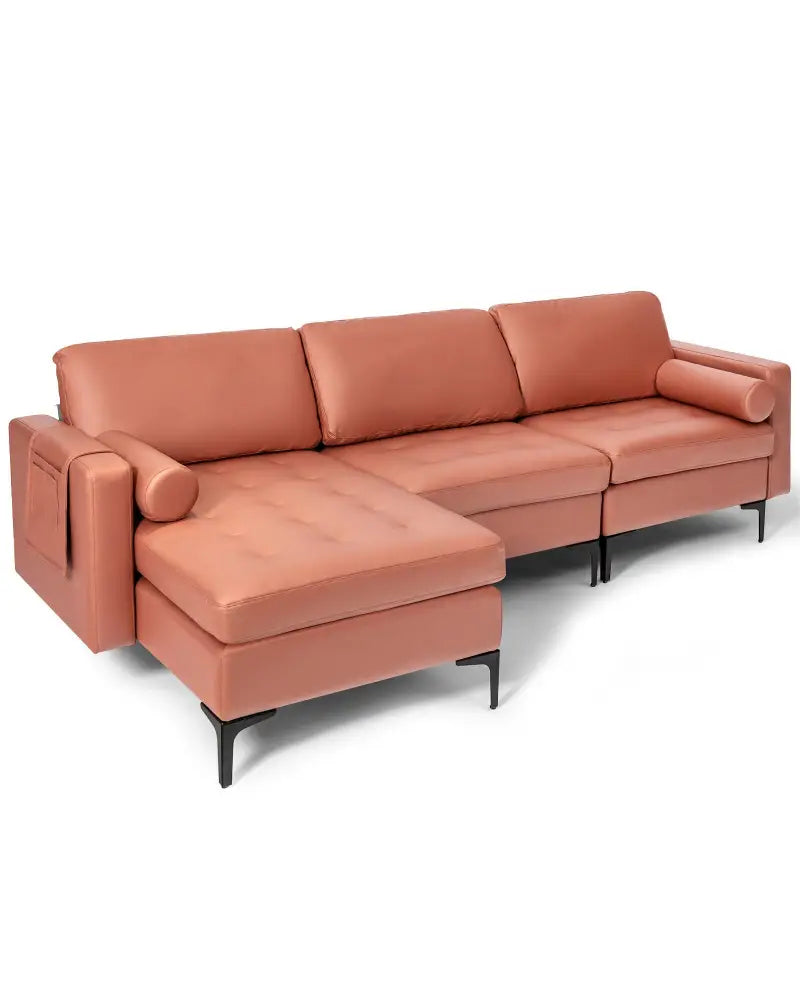 Modular L-shaped Sectional Sofa with Reversible Chaise and 2 USB Ports-Pink - Pink - Sofas & Loveseats