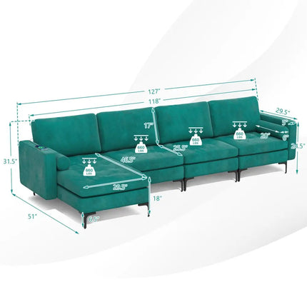 Modular L-shaped Sectional Sofa with Reversible Chaise and 2 USB Ports-Teal - Teal - Sofas & Loveseats