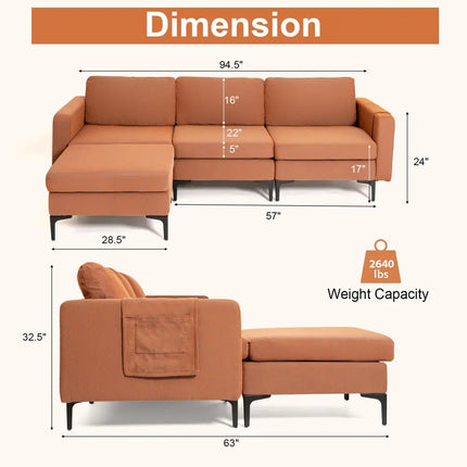 Modular L-shaped Sectional Sofa with Reversible Chaise and 2 USB Ports-Orange - Orange - Sofas & Loveseats