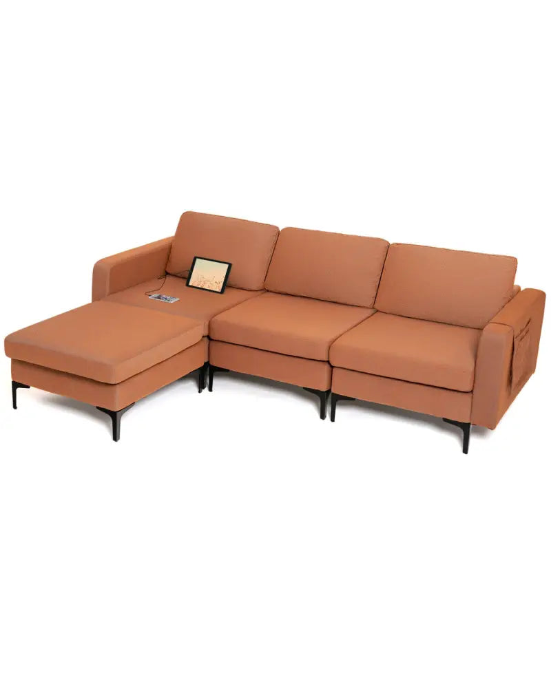 Modular L-shaped Sectional Sofa with Reversible Chaise and 2 USB Ports-Orange - Orange - Sofas & Loveseats