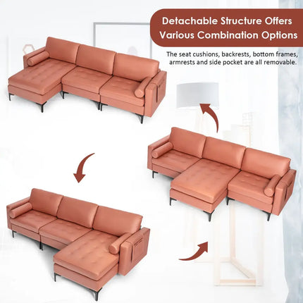 Modular L-shaped Sectional Sofa with Reversible Chaise and 2 USB Ports-Pink - Pink - Sofas & Loveseats